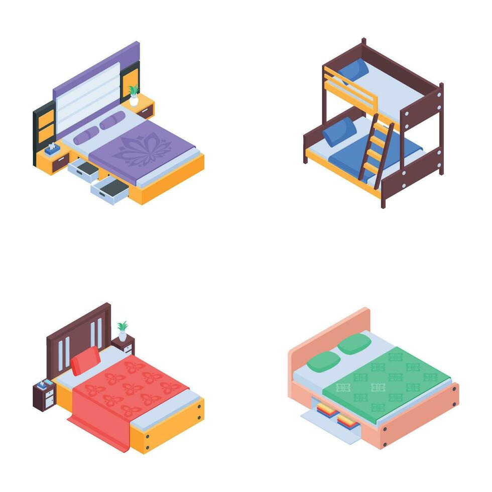 Collection of Room Beds Isometric Icons vector