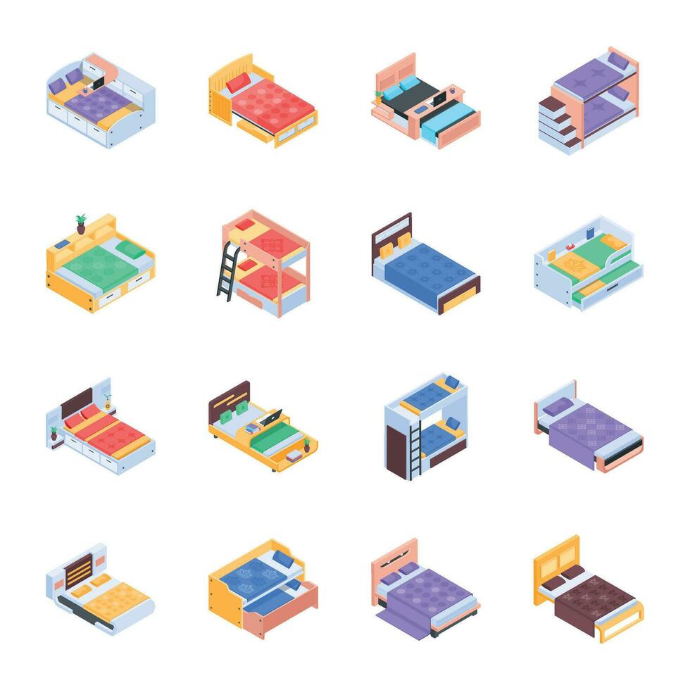 Collection of Room Beds Isometric Icons vector