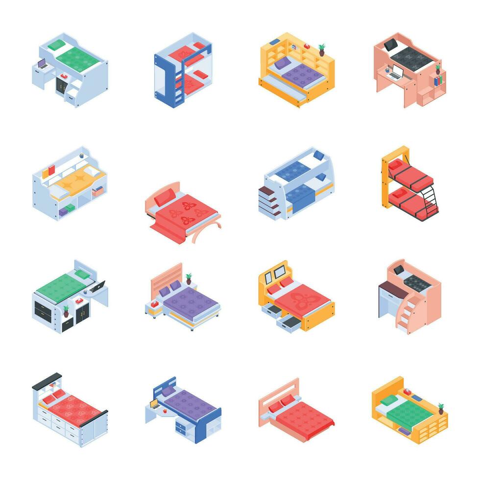 Collection of Room Beds Isometric Icons vector