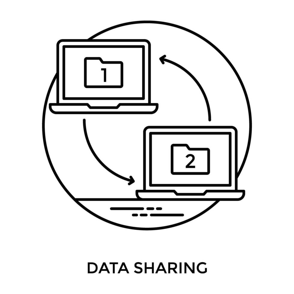 Arrows revolving around laptop one and two with folder baptized as same, notion for fata sharing vector