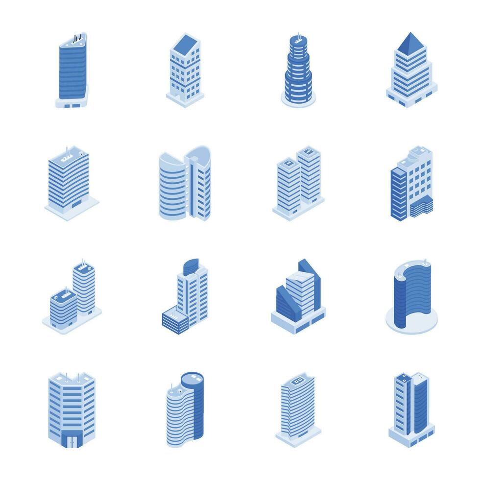 Pack of Skyscraper Buildings Isometric Icons vector