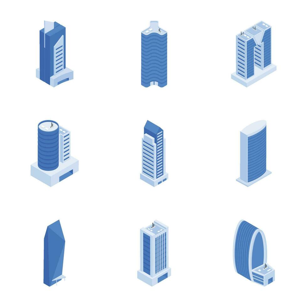 Pack of Skyscraper Buildings Isometric Icons vector