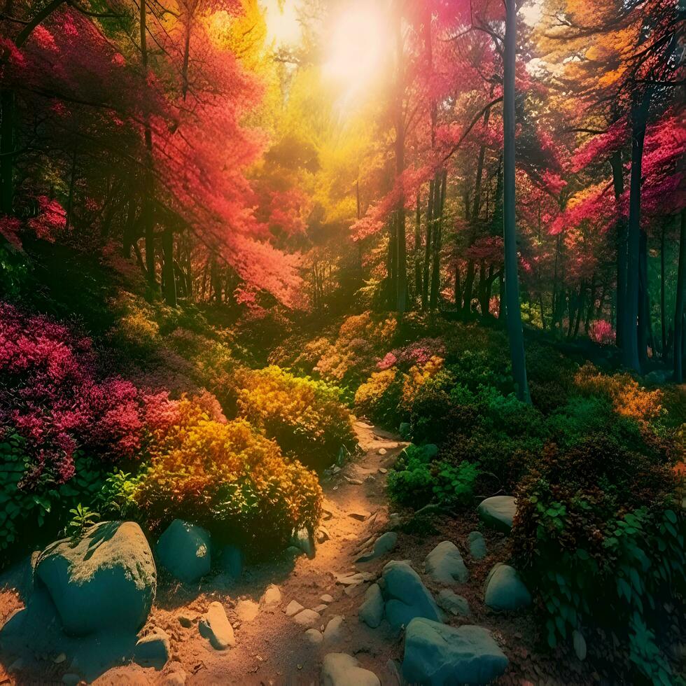 otoño paisaje con vistoso bosque y camino en soleado día. 3d representación foto