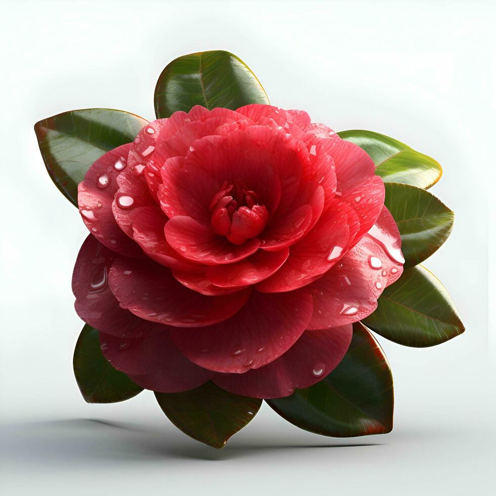 Beautiful red camellia flower with water drops on white background photo