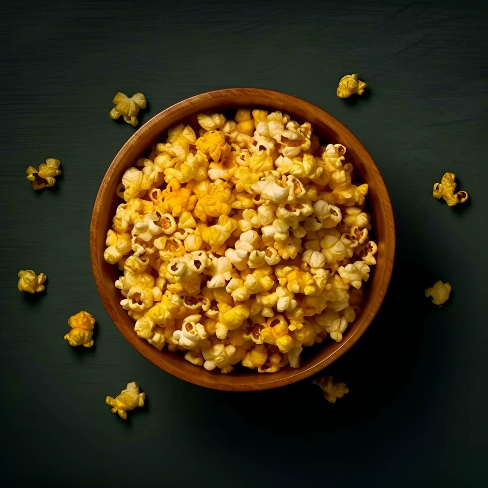 Popcorn in a wooden bowl on a dark background. Toned. photo