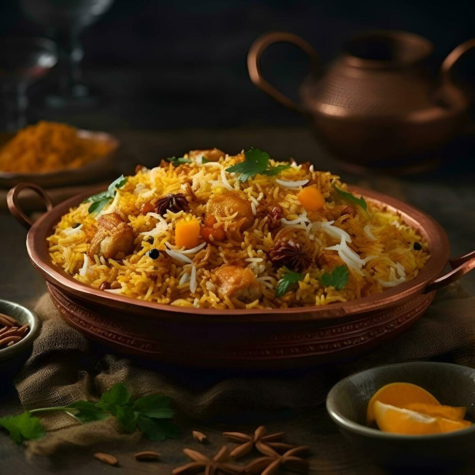 Biryani o Biryani es un popular indio plato hecho de basmati arroz cocido con especias y vegetales foto