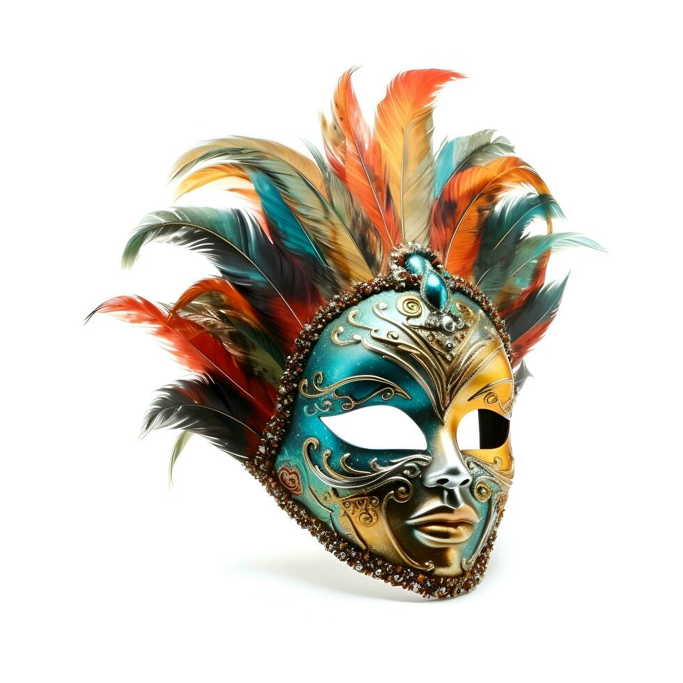 veneciano carnaval máscara con plumas aislado en blanco antecedentes. foto