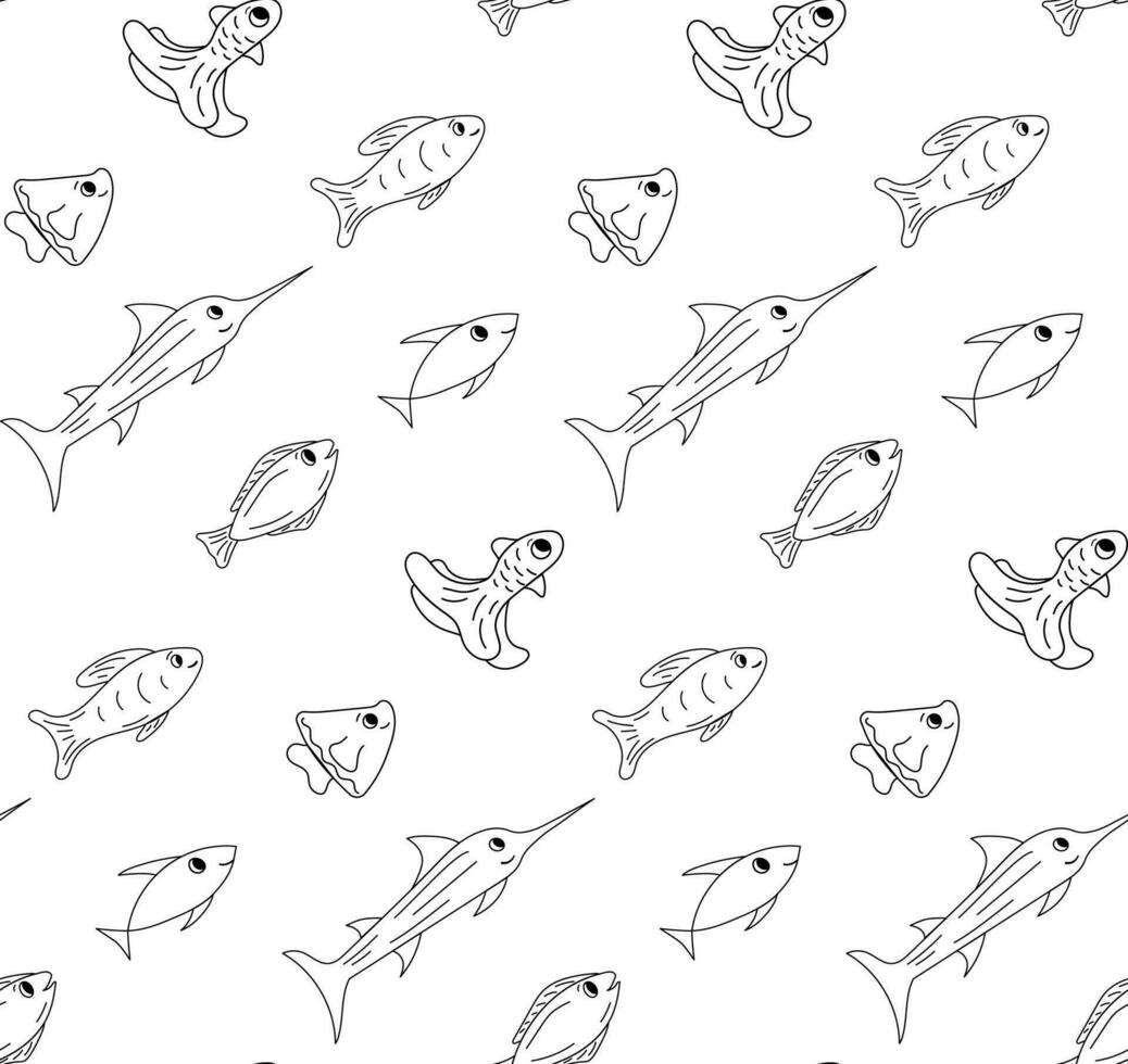 Seamless pattern sea fishs black and white. Vector illustration. Marine life. Underwater animals.