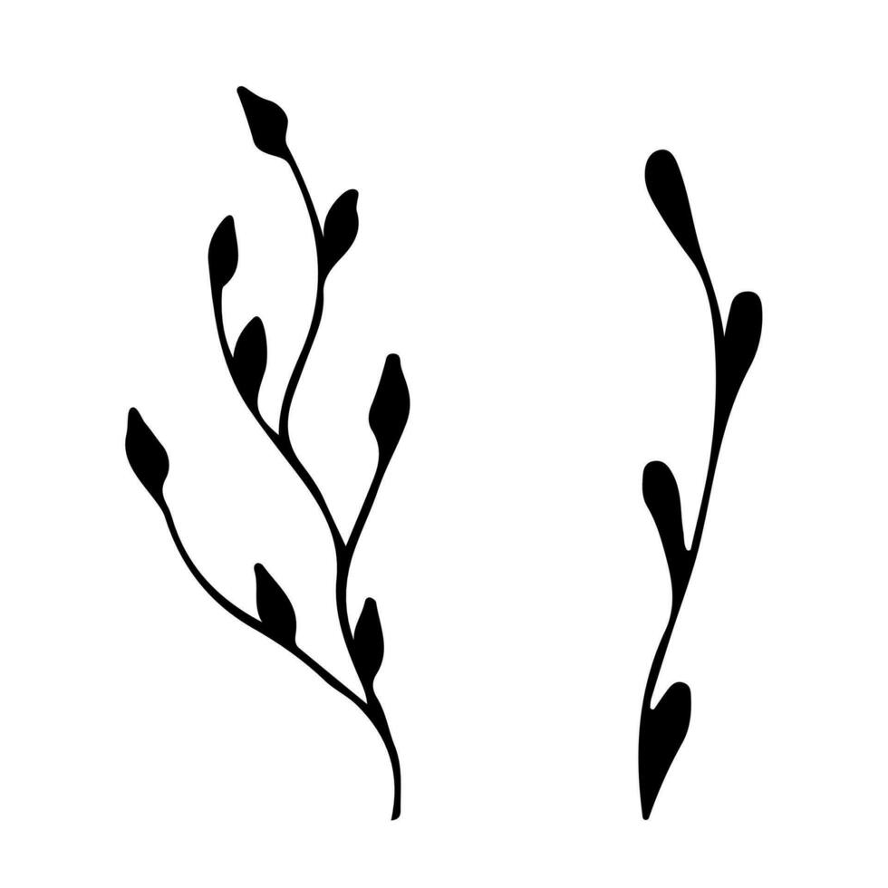 Doodle single twig branch element. Dry twig plant, herb. Vector silhouette illustration