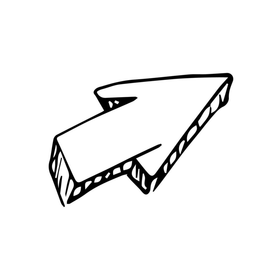 Vector black arrow doodle isolated icon on white background. Hand drawn pointer design element.