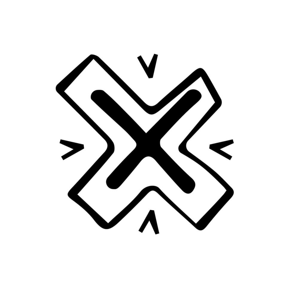 Vector black cross doodle style. Location indicator isolated icon. Hand drawn pointer design element