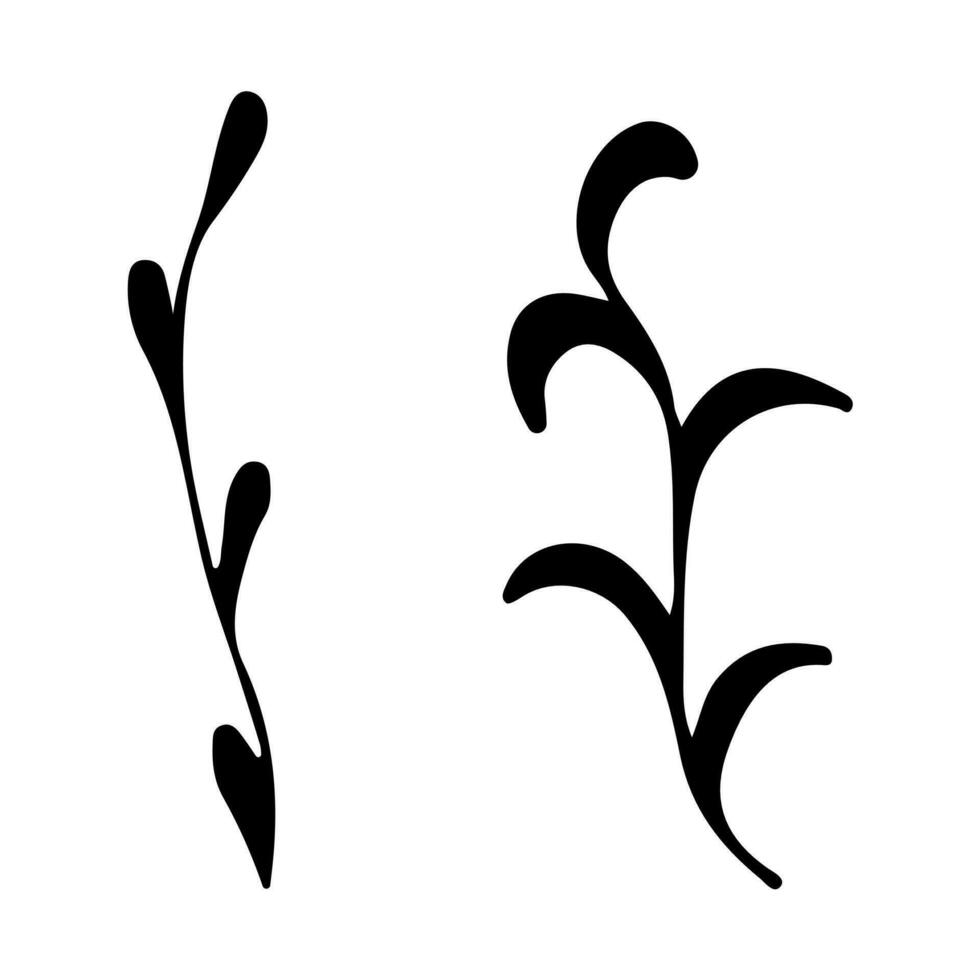 Doodle single twig branch element. Dry twig plant, herb. Vector silhouette illustration