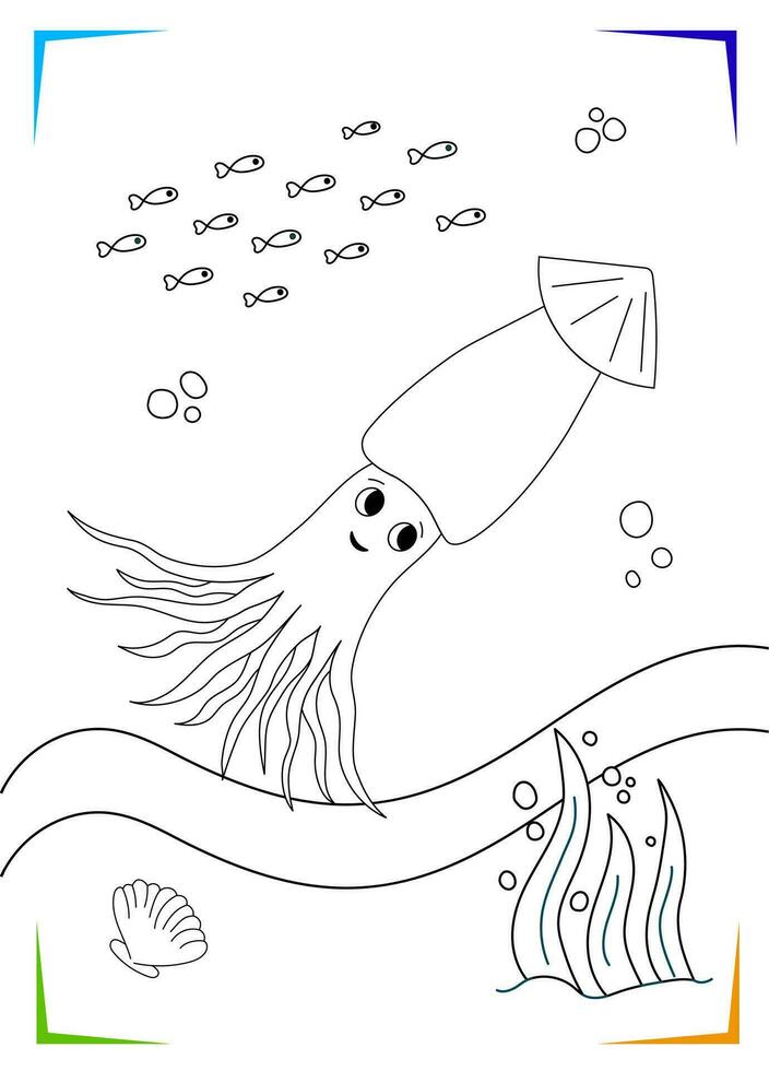 Black and white squid, shell, seaweed Coloring page. Underwater inhabitants vector illustration.