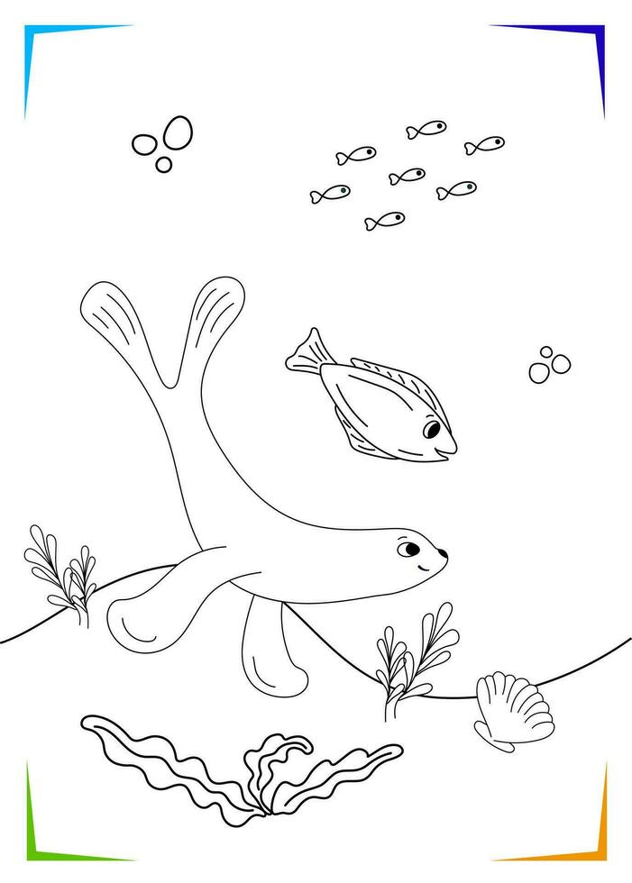 Black and white Sea lion, Fur seal, fish, shell, algae Coloring page. Marine vector illustration