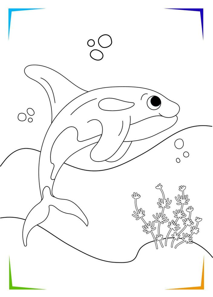 Black and white Orca Coloring page for kids. Marine underwater inhabitants vector illustration.