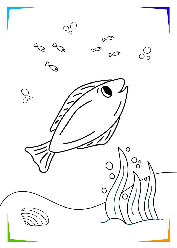 Black and white fish, shell, algae Coloring page. Marine underwater inhabitants vector illustration