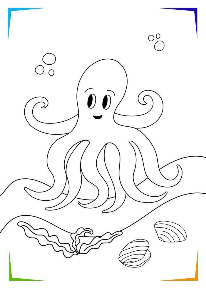 negro y blanco pulpo, caparazón, algas marinas colorante página. submarino habitantes vector ilustración.