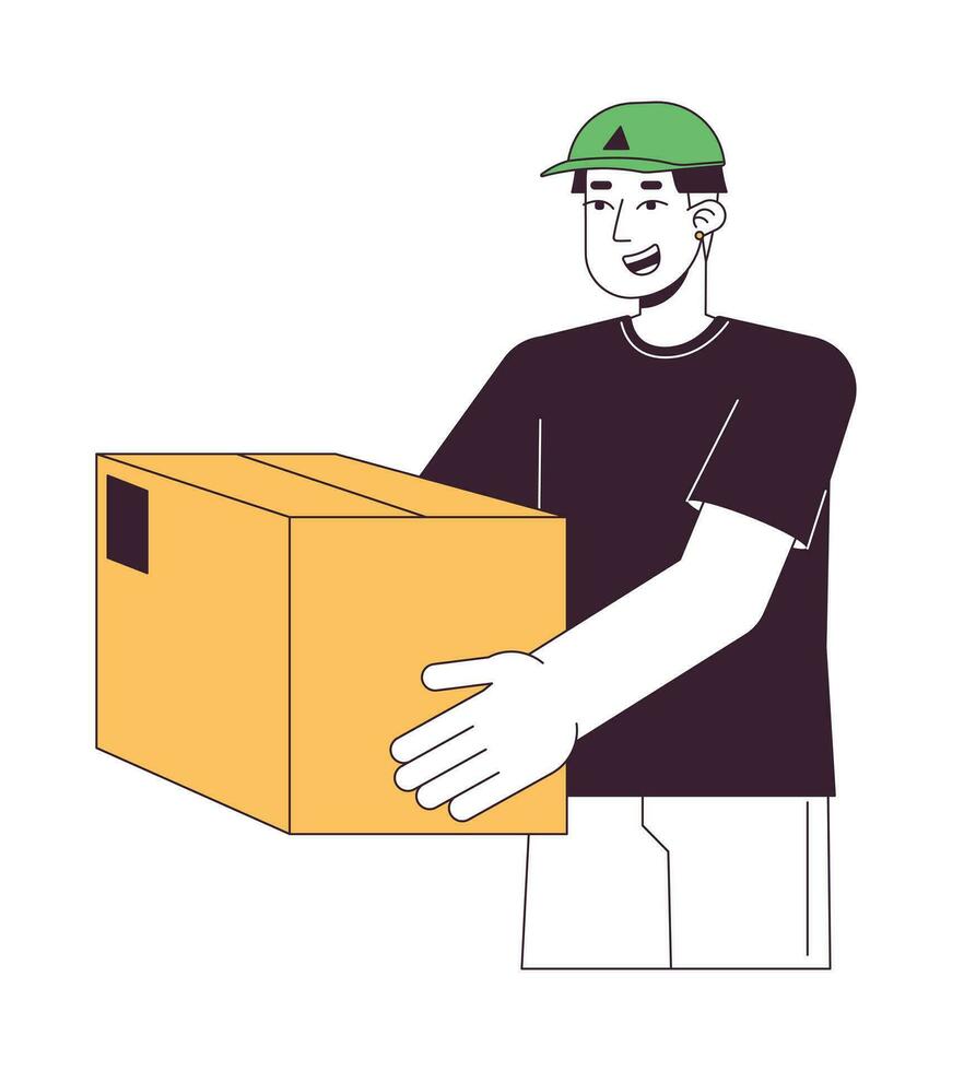 Happy courier holding package flat line color vector character. Express delivery. Editable outline half body person on white. Delivery man simple cartoon spot illustration for web graphic design