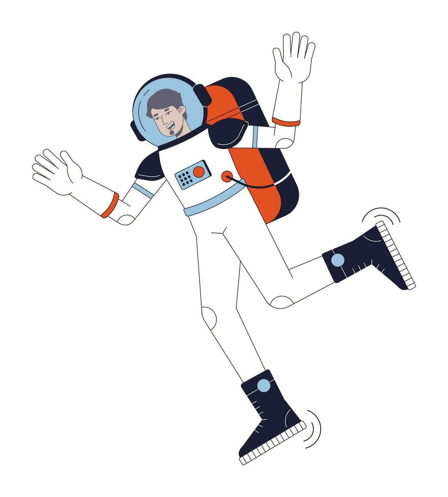 astronauta en espacio traje plano línea color vector personaje. árabe hombre en cosmos. editable contorno lleno cuerpo persona en blanco. sencillo dibujos animados Mancha ilustración para web gráfico diseño