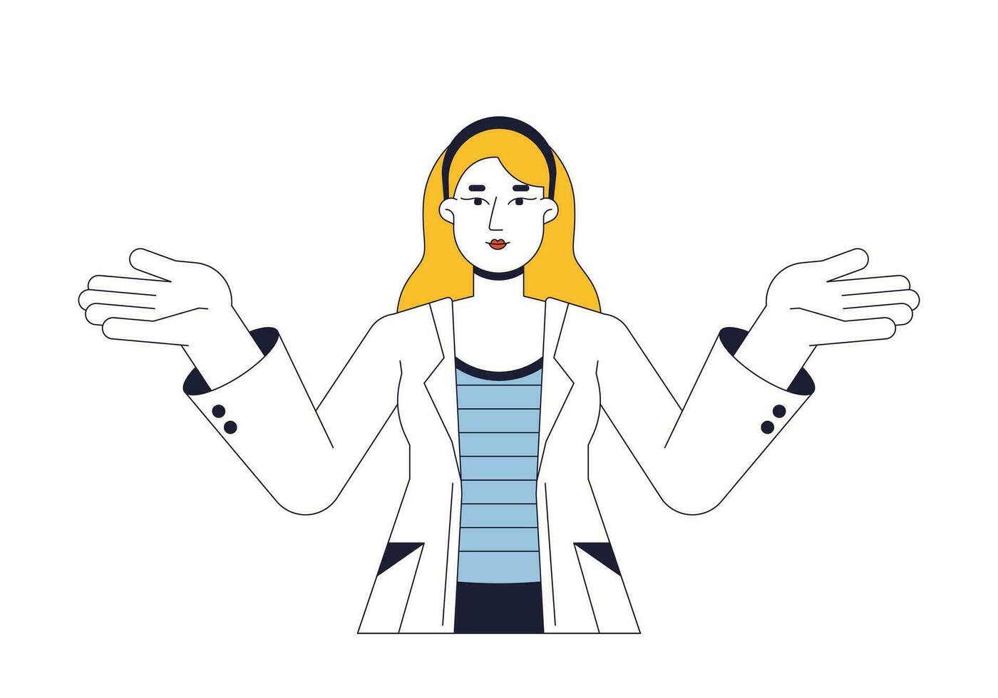 Happy woman in lab coat confused shrugging flat line color vector character. Female scientist. Editable outline full body person on white. Simple cartoon spot illustration for web graphic design