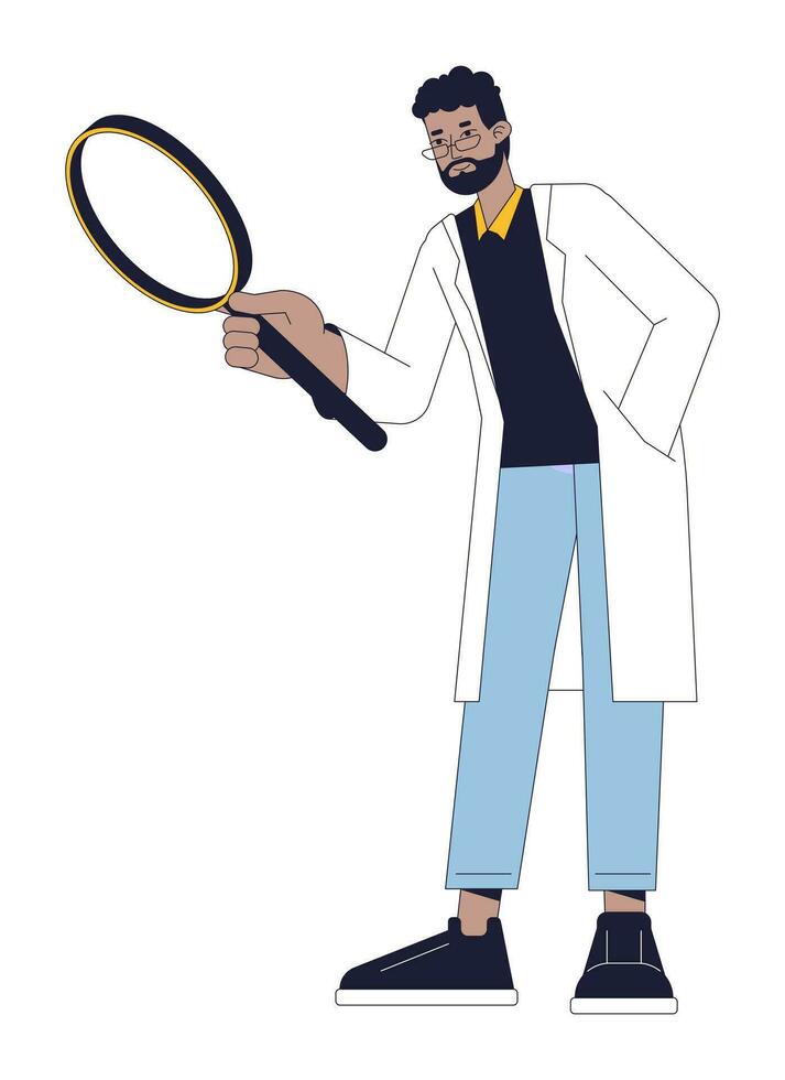 Indian scientist with magnifying glass flat line color vector character. Science research. Editable outline full body person on white. Simple cartoon spot illustration for web graphic design