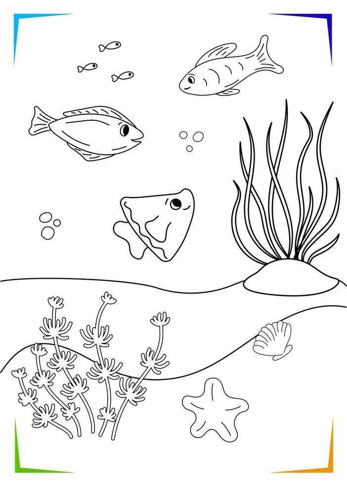 negro y blanco algas marinas, pez, estrella de mar colorante página. submarino habitantes vector ilustración