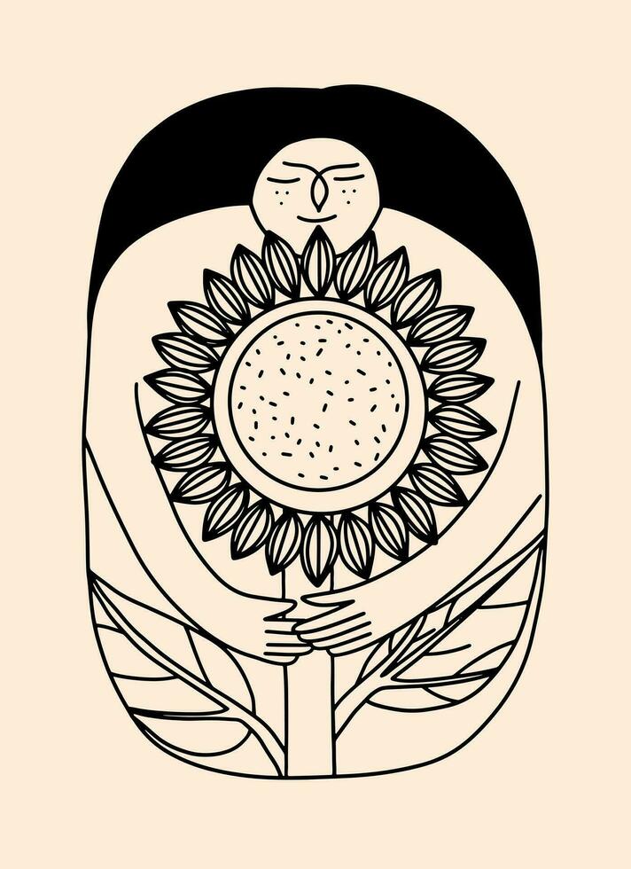 Arte tarjeta postal en línea estilo con un hembra personaje y un girasol. vector ilustración