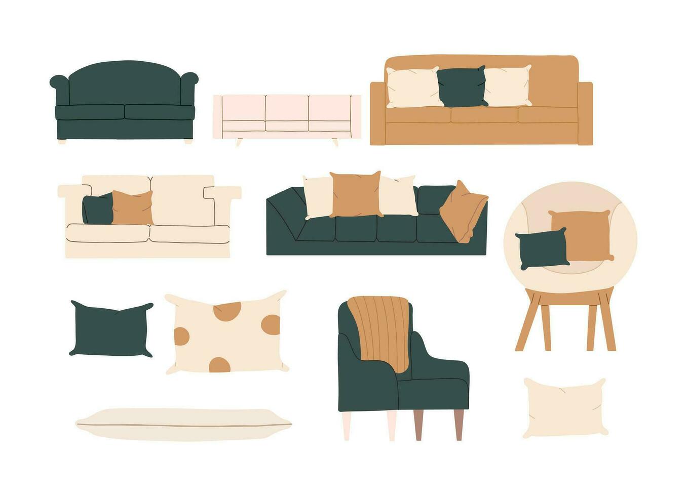 Set of modern Scandinavian style furniture. Armchair, sofas. Vector illustration in hand drawn style