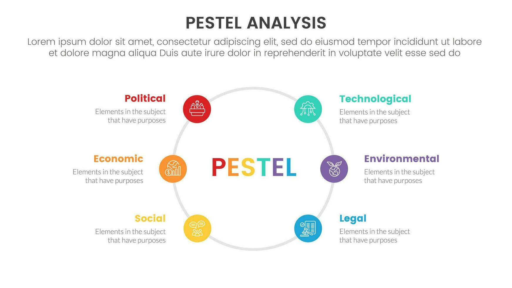 pestel business analysis tool framework infographic with small circle circular 6 point stages concept for slide presentation vector