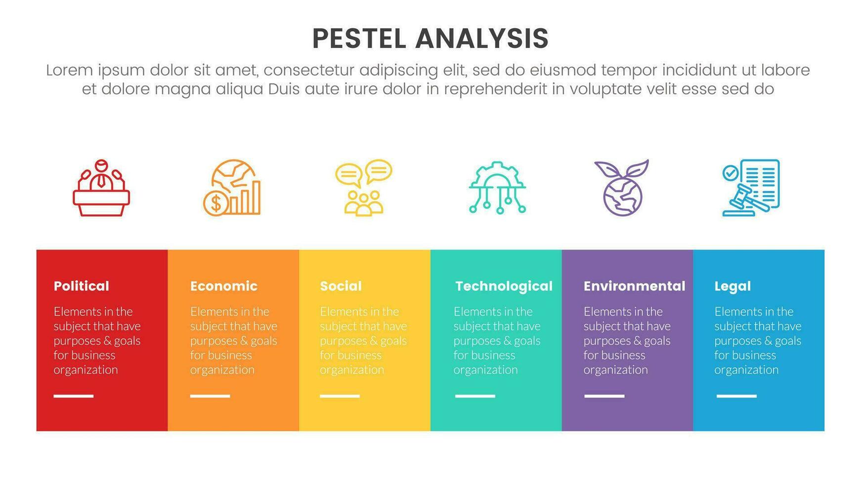 pestel business analysis tool framework infographic with rectangle table box with symmetric balance right direction 6 point stages concept for slide presentation vector