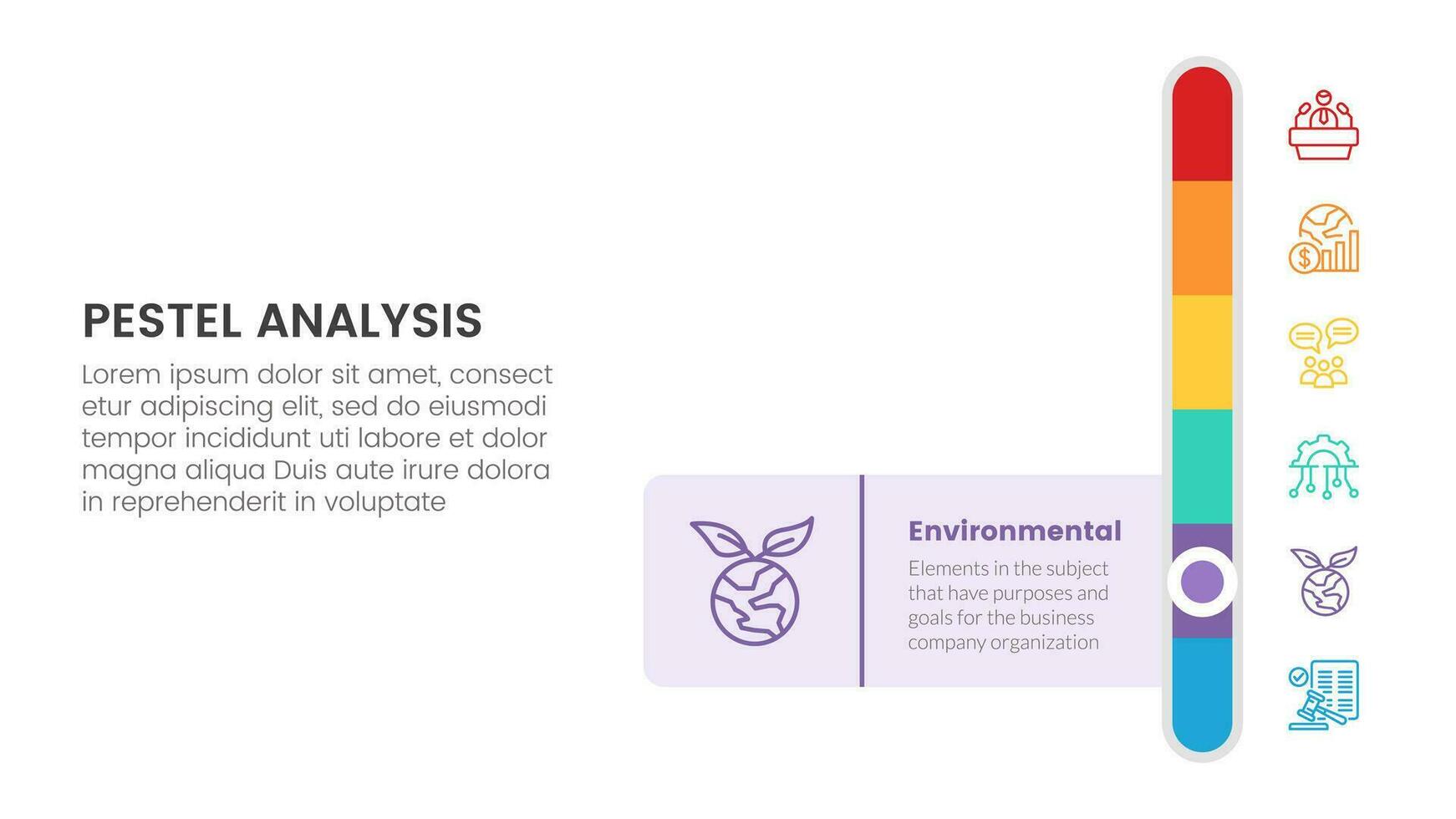 pestel business analysis tool framework infographic with vertical bar slide 6 point stages concept for slide presentation vector