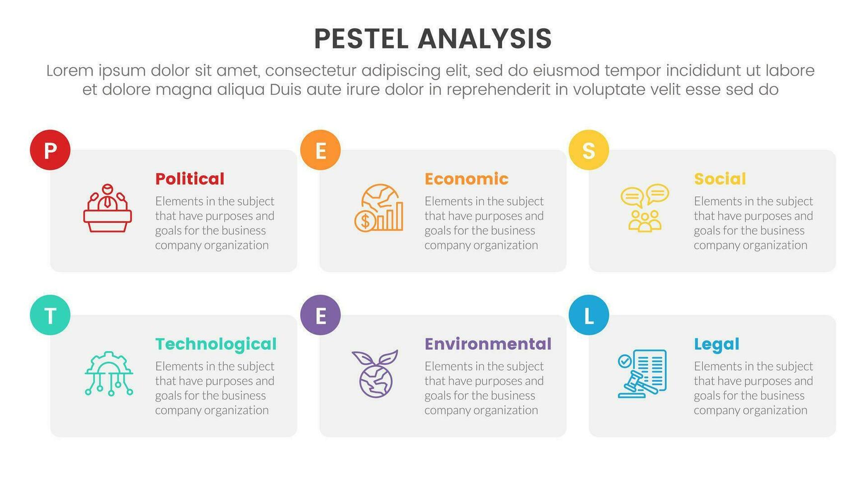 pestel business analysis tool framework infographic with table box and small circle badge 6 point stages concept for slide presentation vector