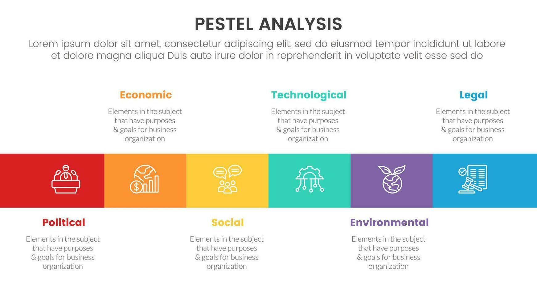 pestel business analysis tool framework infographic with square box right direction 6 point stages concept for slide presentation vector