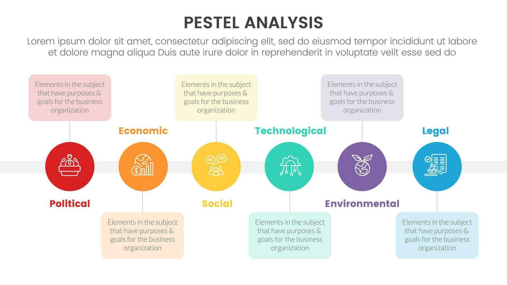 pestel business analysis tool framework infographic with small circle balance right direction 6 point stages concept for slide presentation vector