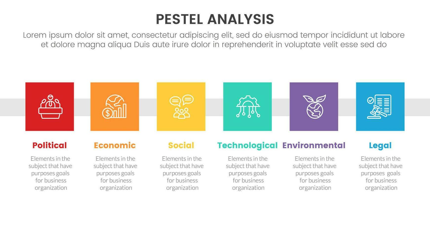 pestel business analysis tool framework infographic with small square badge right direction 6 point stages concept for slide presentation vector