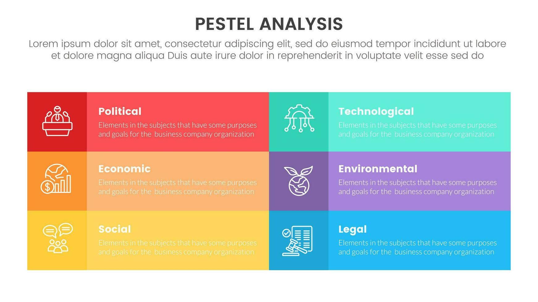 pestel business analysis tool framework infographic with long rectangle box shape table information 6 point stages concept for slide presentation vector