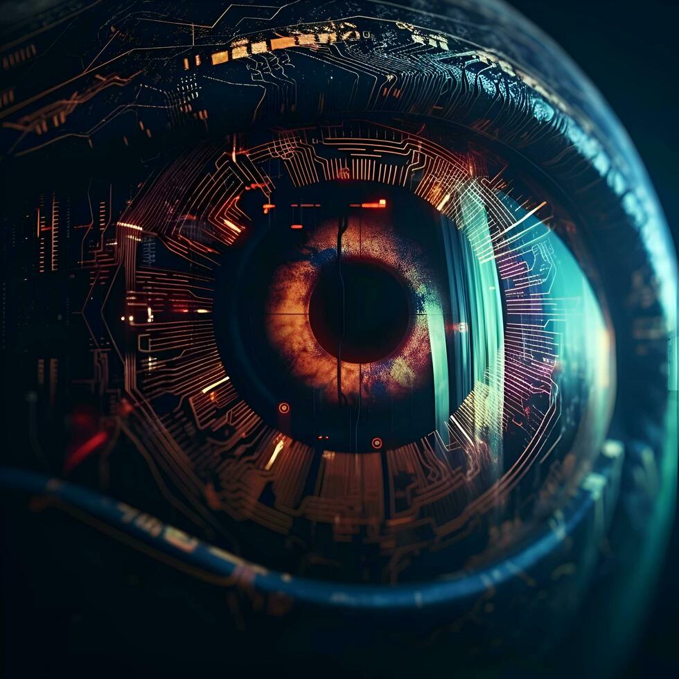 Closeup of human eye with circuit board. Technology concept. 3D Rendering photo