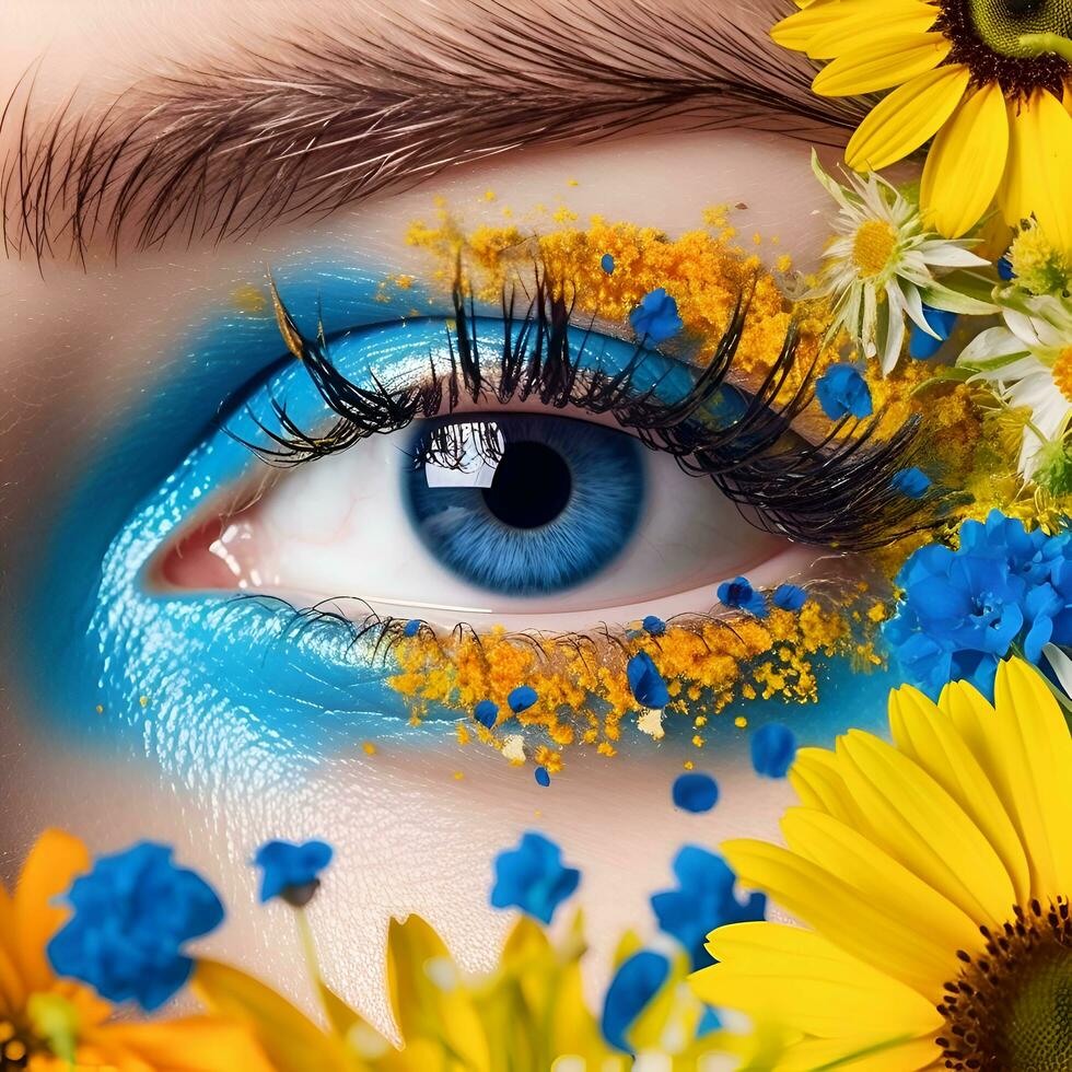 de cerca imagen de hermosa mujer ojo con flores silvestres foto