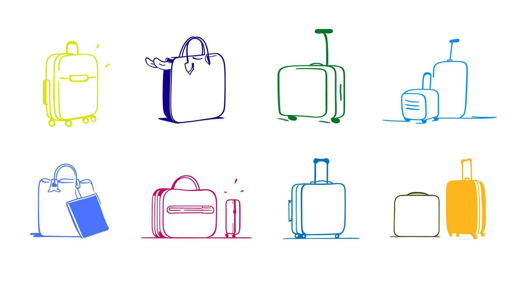A set of sketches of various travel suitcases. Color vector illustration.