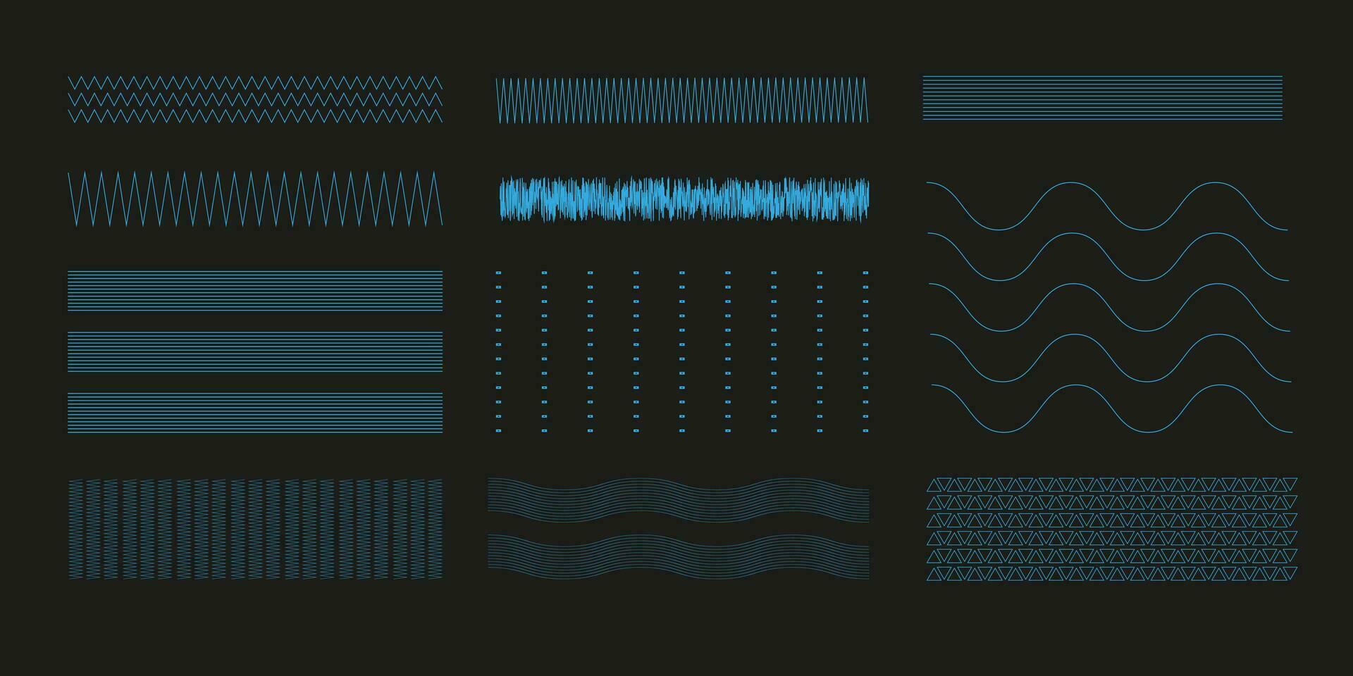 Wavy, billow zigzag neon blue line element set. Lines with waving effect Different thin line wave. Vector curves.