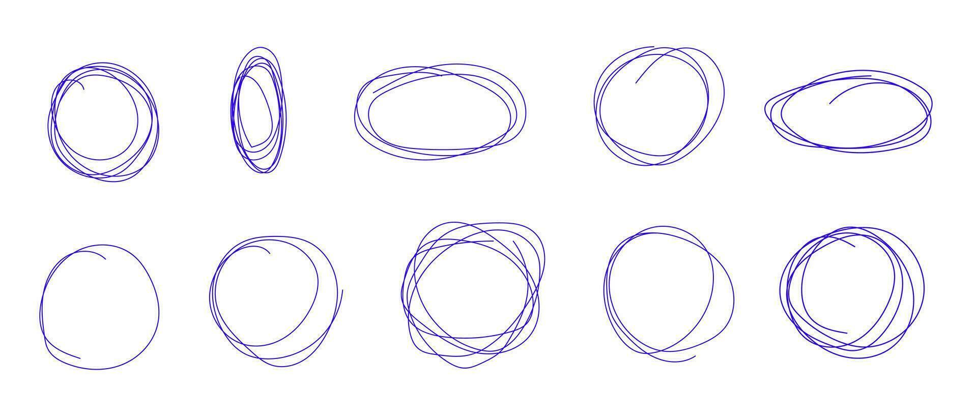 Hand-drawn ovals, circles in a continuous line. Doodle collection, swirling lines oval, round shape. vector