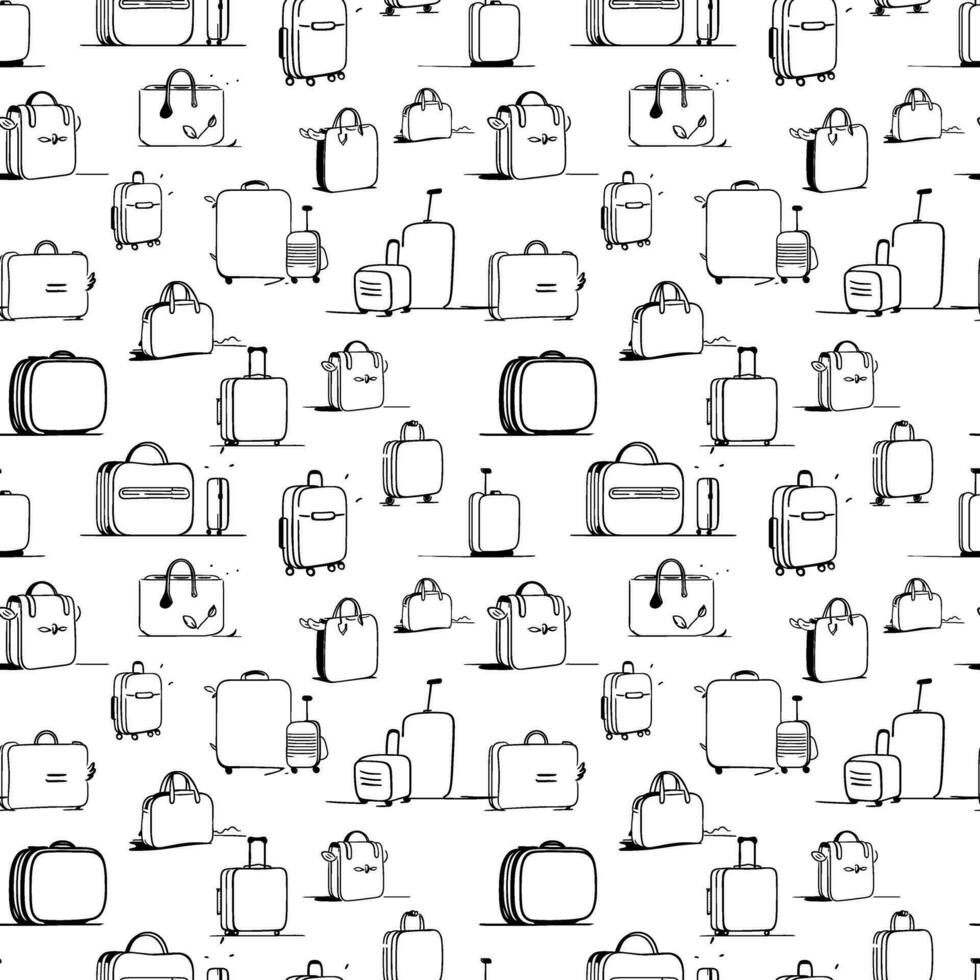 Black and white background with suitcases in continuous line drawing style. Luggage collection seamless pattern. vector