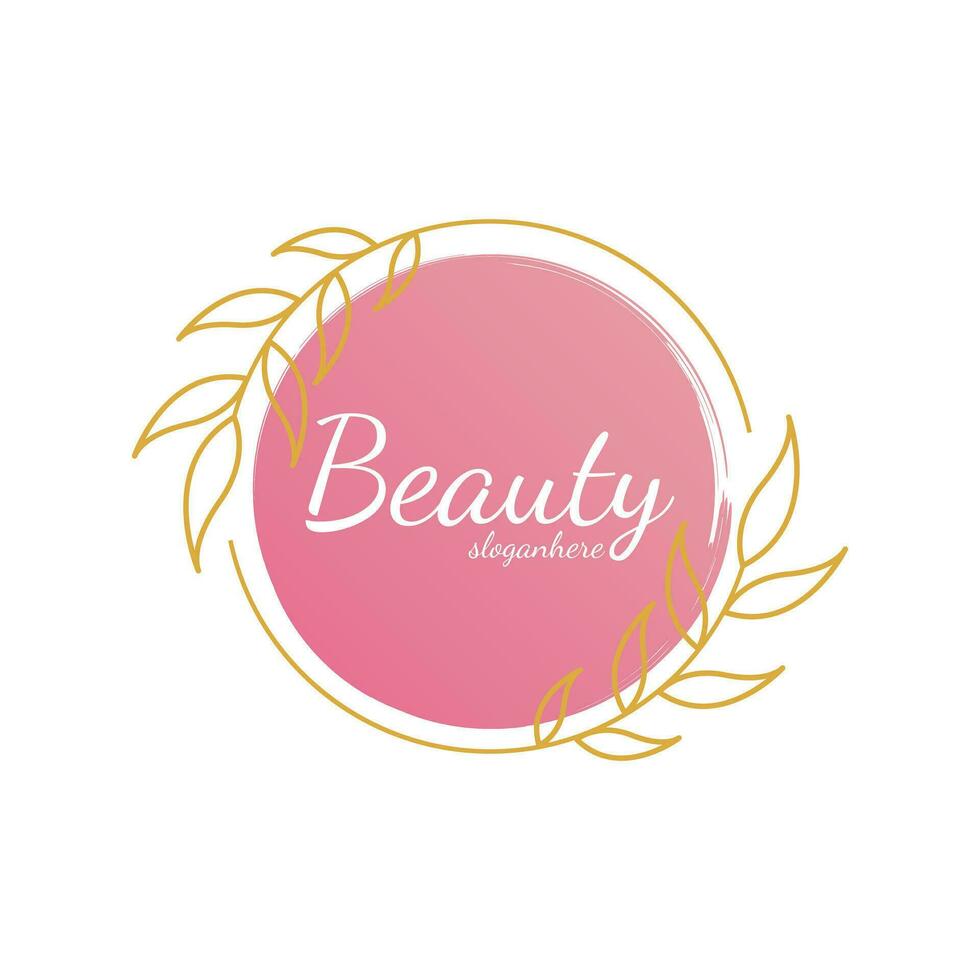 Feminine badge. Elegant watercolor background logo with round frame leaf flower and gold glitter for beauty business or wedding and more vector