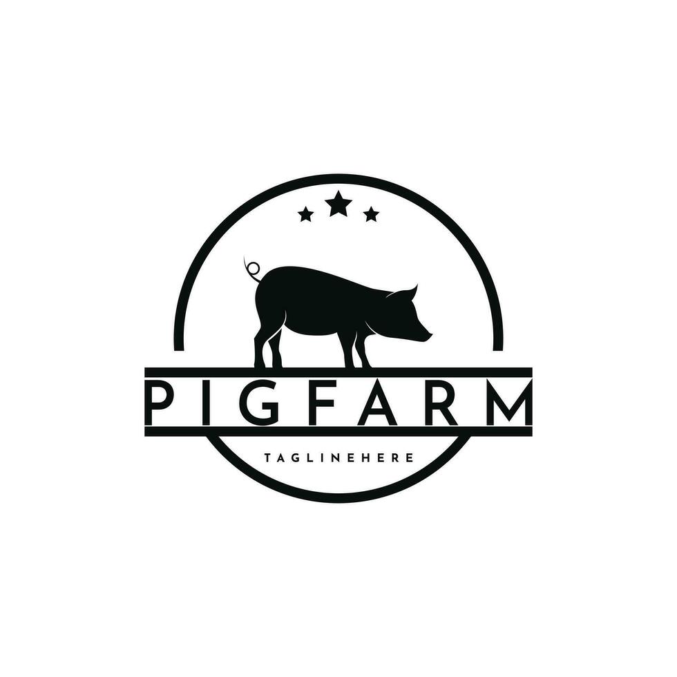 Vintage pig farm logo design with hipster drawing style vector