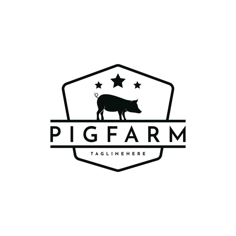 Vintage pig farm logo design with hipster drawing style vector