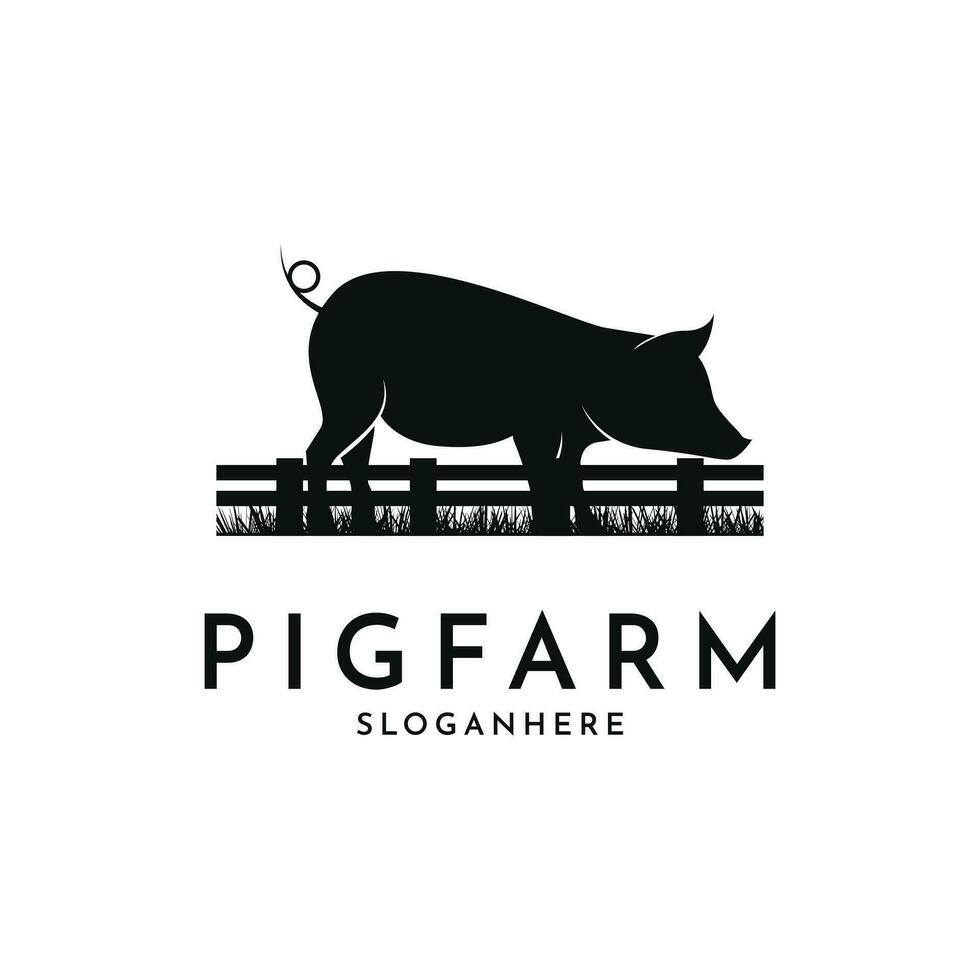 Pig silhouette logo design with grass vector