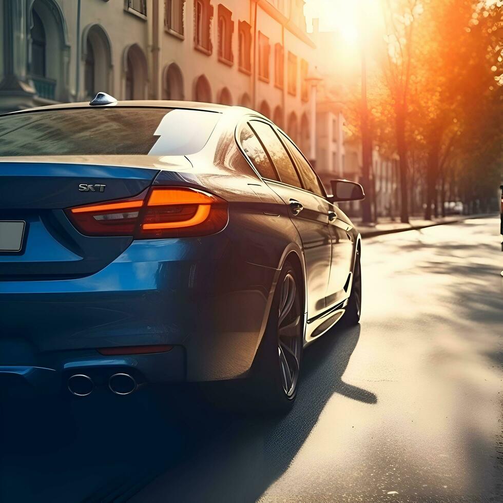 Car on the street in the rays of the setting sun. Side view. photo