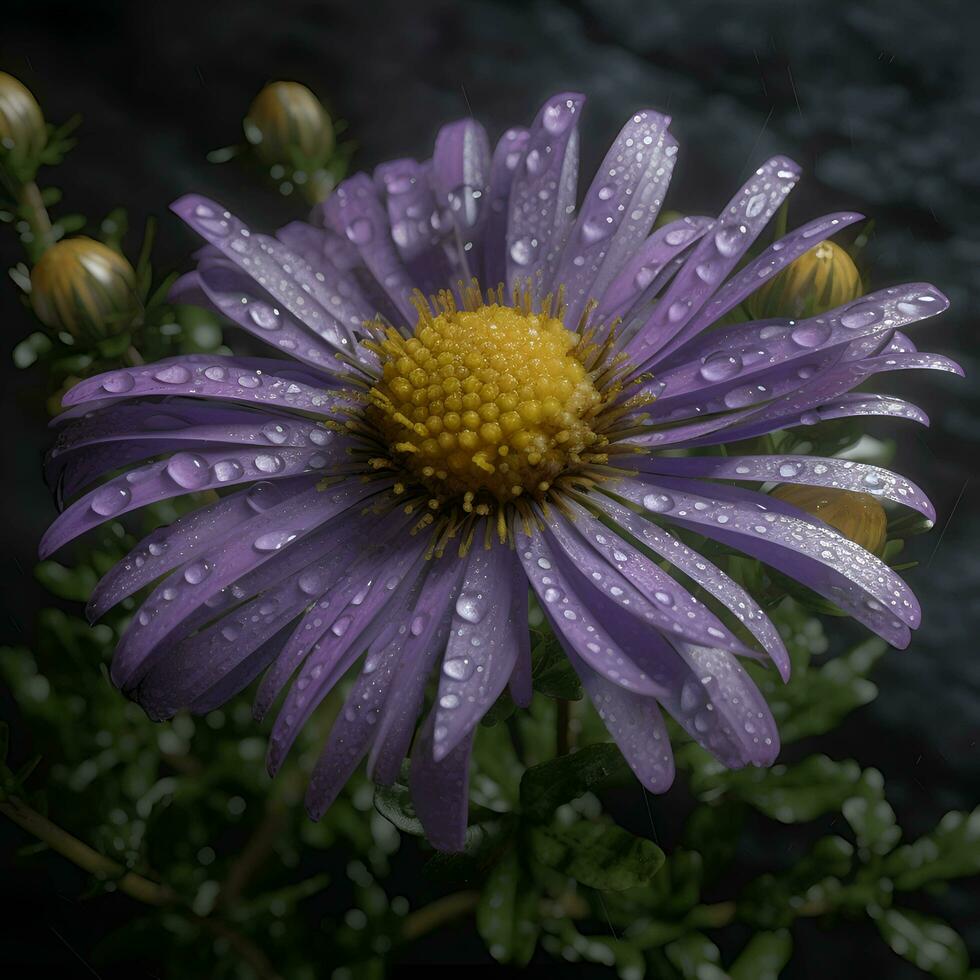 púrpura aster flor con agua gotas en un oscuro antecedentes de cerca foto