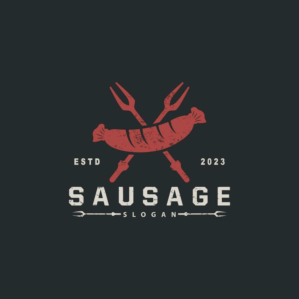 salchicha logo, vector carne tenedor y el salchicha alimento, restaurante inspiración diseño, Clásico retro rústico