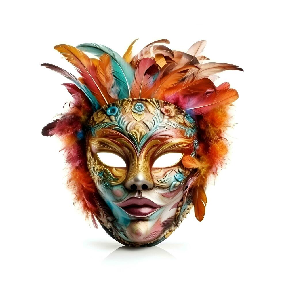 Beautiful carnival mask with feathers on white background. Isolated. photo